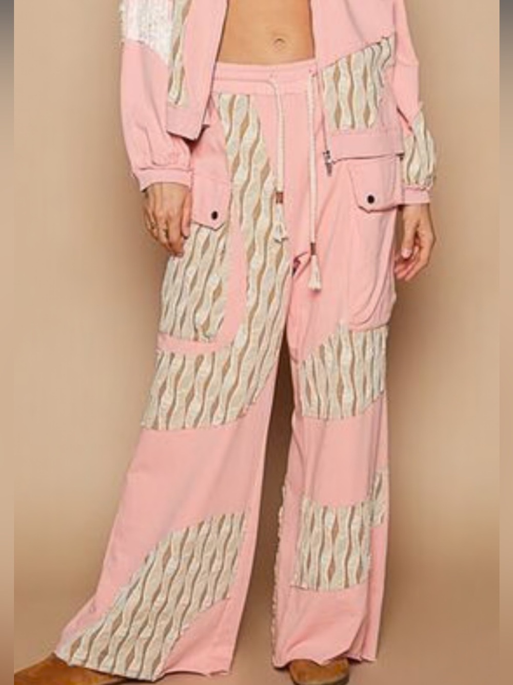 POL Pink Patchwork Wide-Leg Pants with Drawstring